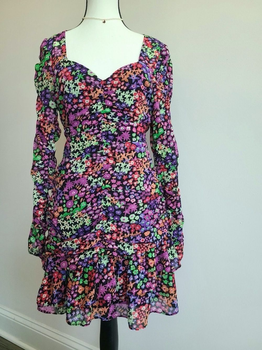 Free People Inspired Purple Multi Floral Long Sleeve Sweetheart Dress